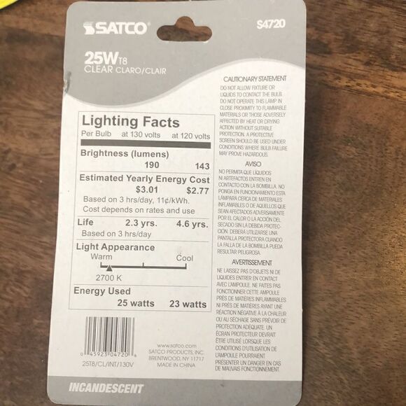 Satco S4720 130V Intermediate Base 25-Watt T8 Light Bulb, Clear, lot of 5 bulbs - Picture 4 of 5